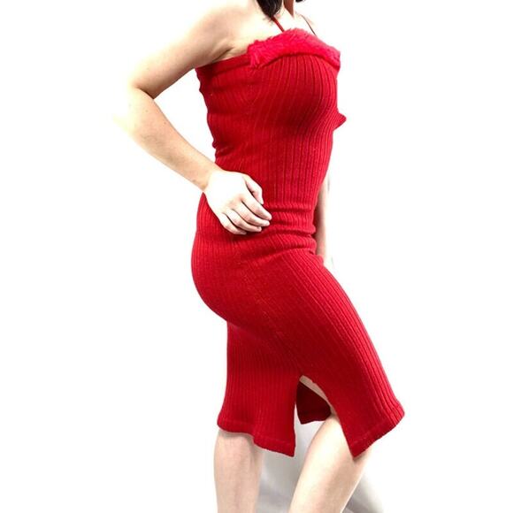 Vintage Naturally Jojo 90s Red Faux Fur Sweater Dress Size Medium - Picture 2 of 5